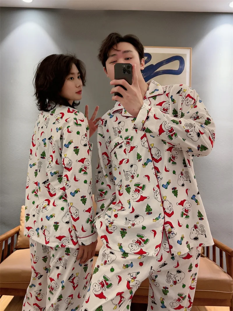 크리스마스 스누피 잠옷 여성 봄 가을 순수 코튼 긴팔 바지 스타일 귀여운 만화 Homewear 투피스 세트