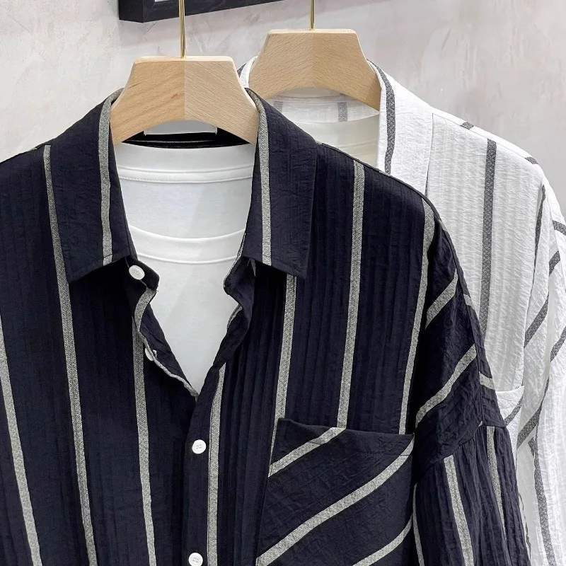 Extra Large Size Ice Silk Vertical Striped High-end Shirt Men's Short-sleeved Hong Kong Style Trendy Loose Casual Shirt Summer