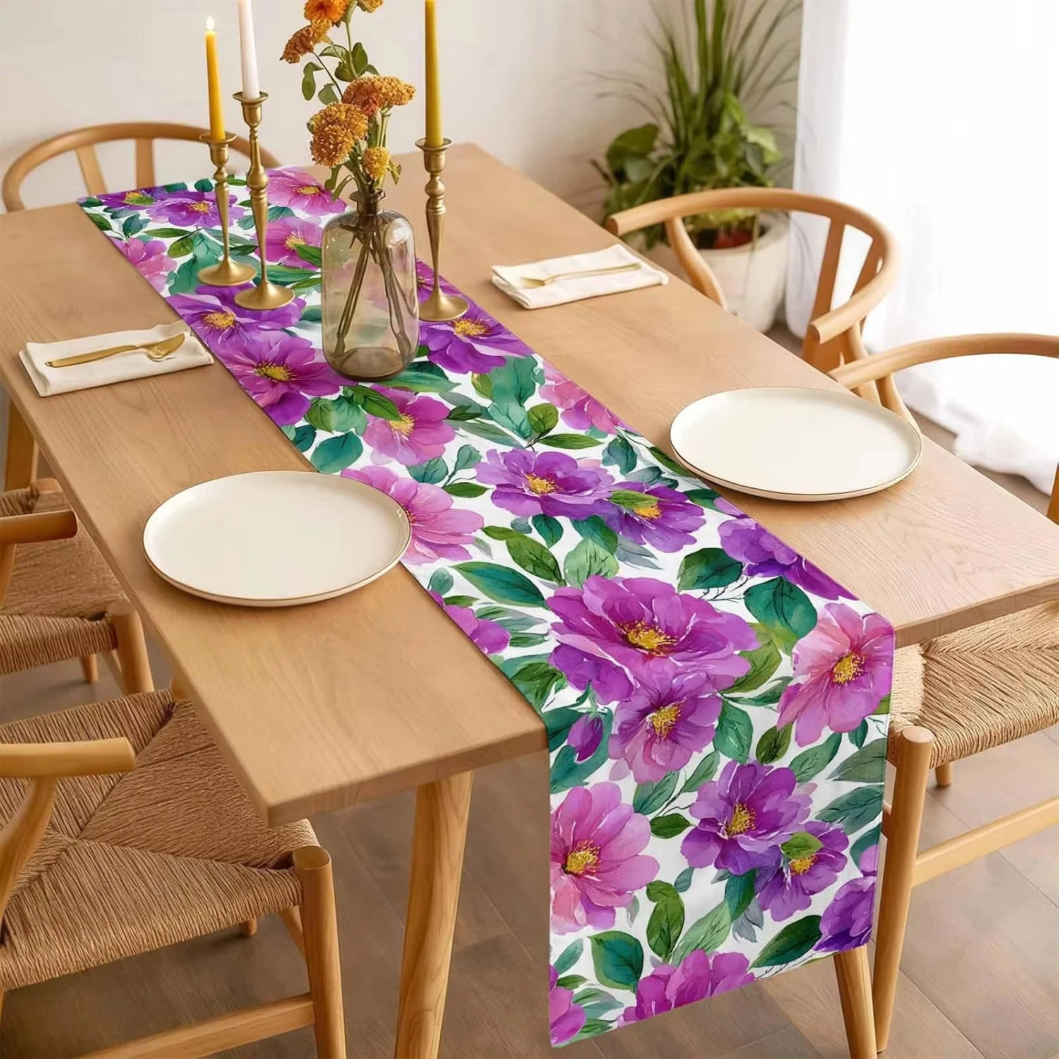 1pc Watercolor Purple Pink Peony Floral Table Runner Ideal for Dining Table Sideboard Cabinet and Living Room Home Decor