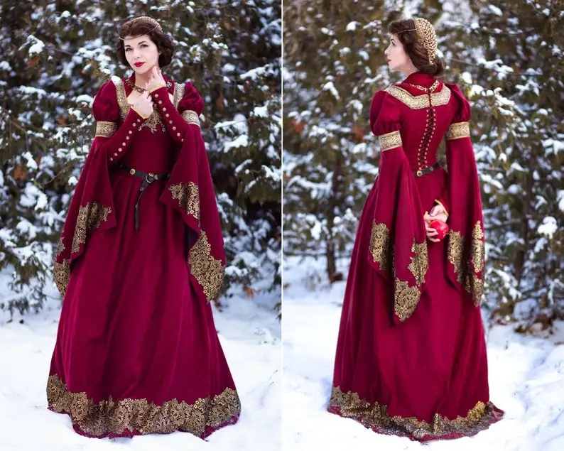 Vestido de fiesta de manga larga de elfo de fantasía, traje de estilo Tudor gótico de encaje dorado, vestido de noche renacentista de hadas