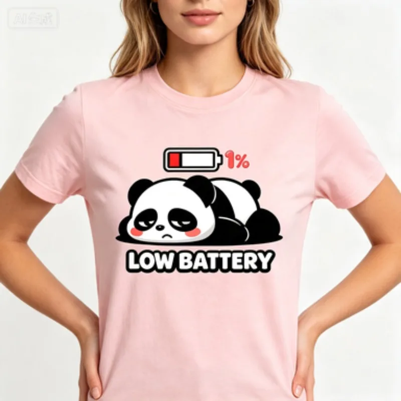 Funny Lazy Women Cotton Tshirt Sleepy Panda Low Battery 1% Power Cartoon Print Tired Mood Animal Lover Casual Short Sleeve Tees