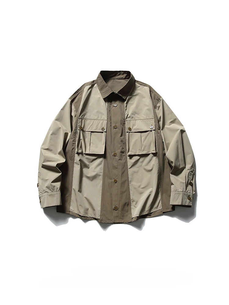 

Рубашка мужская с длинным рукавом, модная брендовая уличная рубашка в японском стиле, свободная нишевая рабочая одежда в стиле ретро, с отложным воротником, контрастных цветов