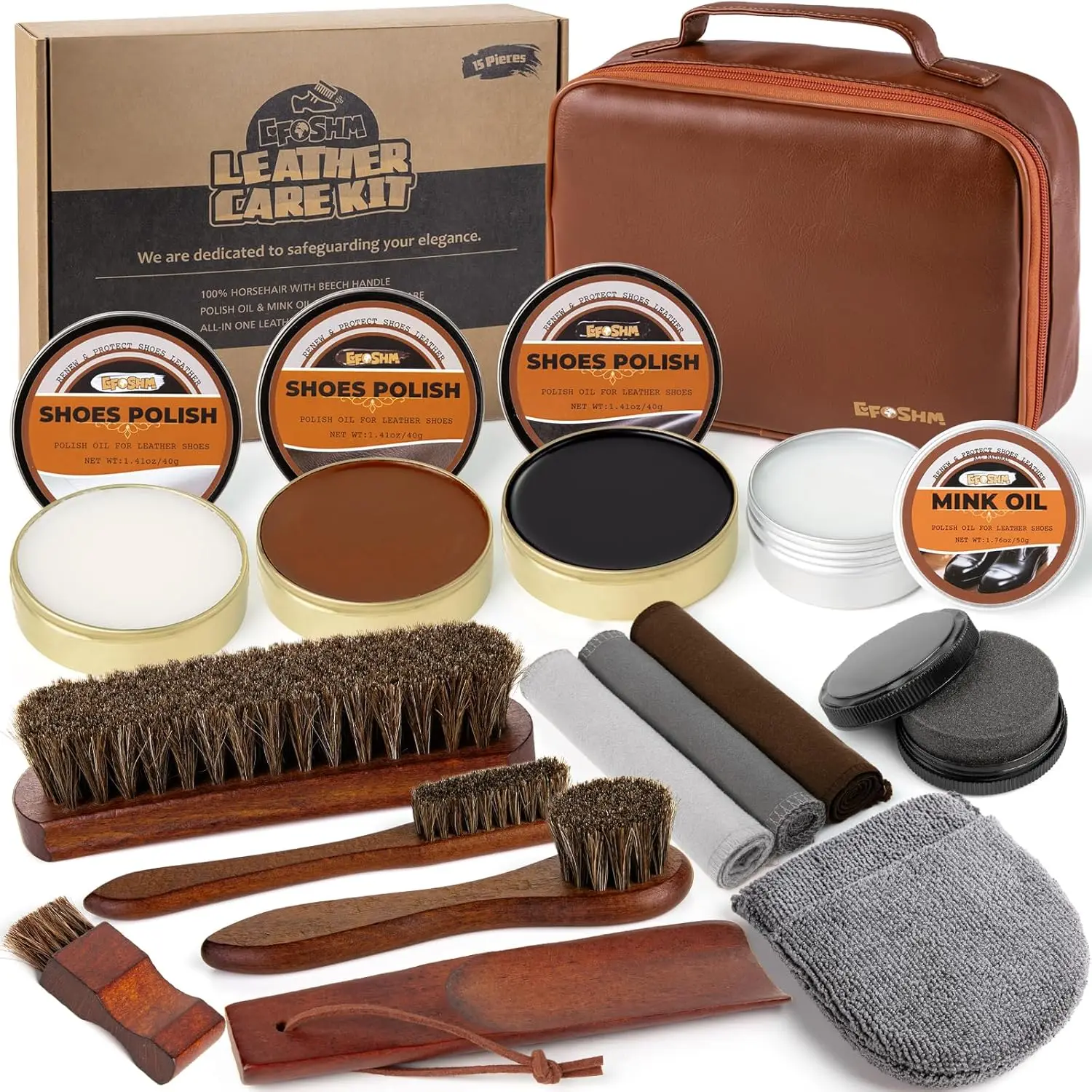 

Shoe Shine Kit – 15-in-1 Leather Shoe Polish & Care Set with 4 Horsehair Brushes, Black Brown Neutral
