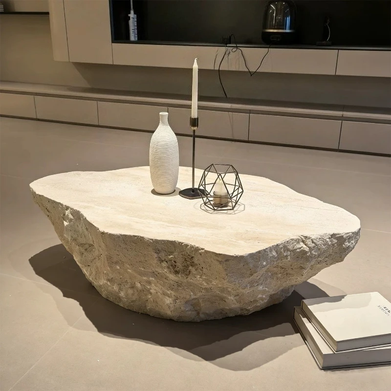 Contemporary Irregular Travertine Coffee Table Raw Natural Stone Center Table for Wabi-Sabi Home Aesthetics Designer Furniture