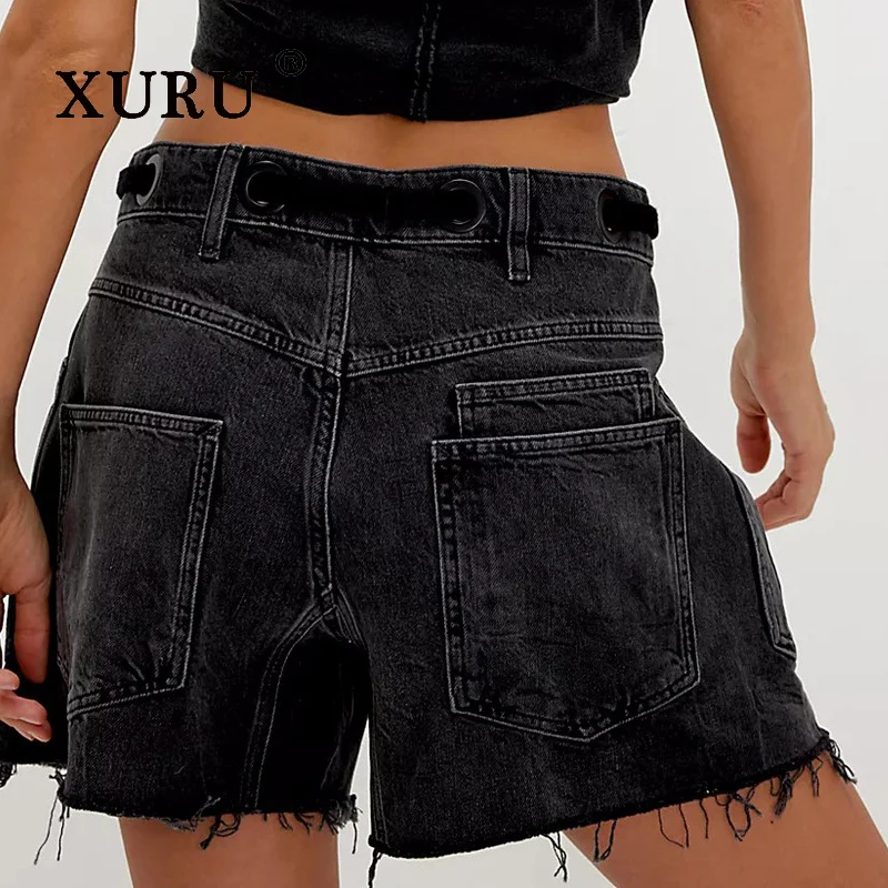 XURU - شورت جينز نسائي جديد Y2k من قماش الدنيم، جينز فضفاض برباط متعدد الجيوب، جينز قصير نسائي فاخر