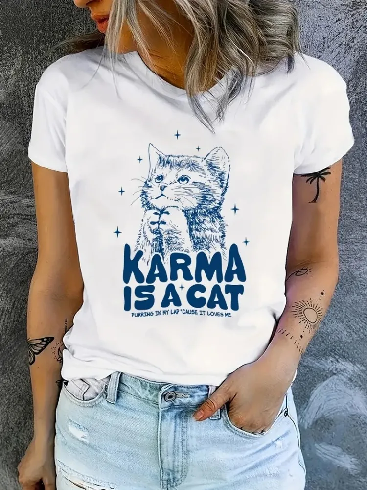 

Karma Is A Cat Letters Print T-shirts Women Tshirt Lady Female Clothes for Spring & Summer Loose Short Sleeve Y2k Tops