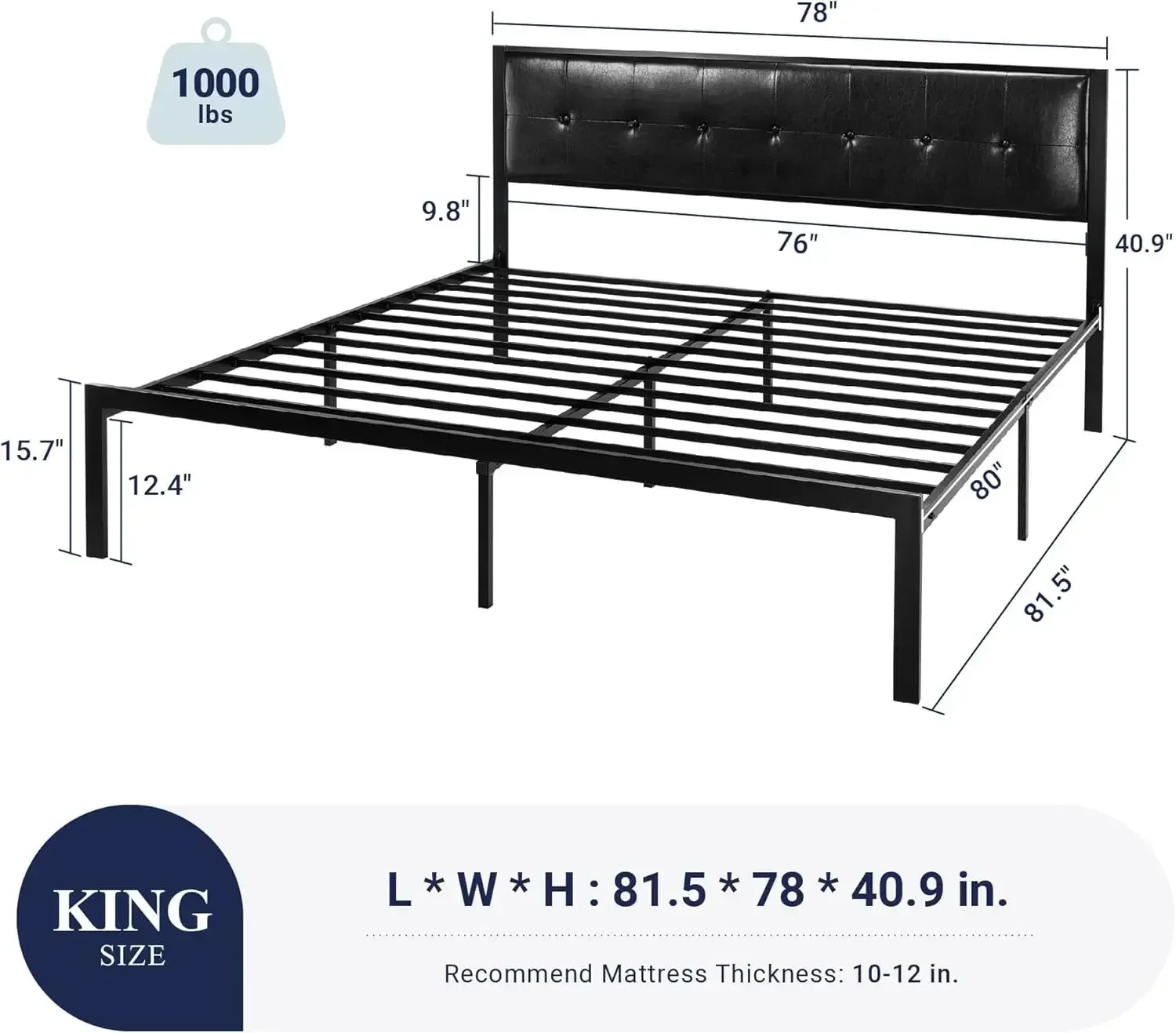 King Size Bed Frames with Faux Leather Headboard for Kids, Platform Bed Frame with 12.4” Underbed Storage, No Box Spring Needed,