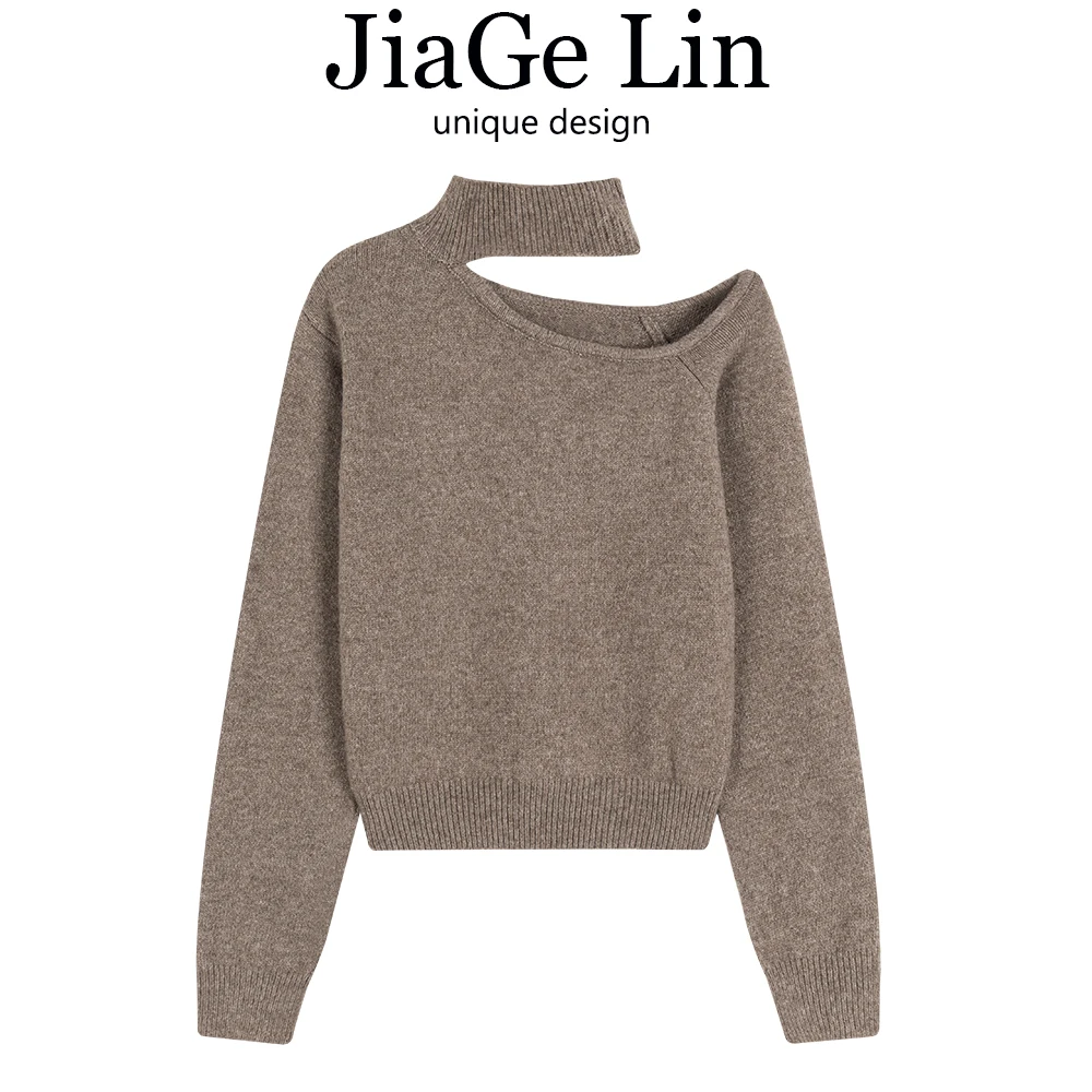 سترة كتف غير متناظرة بلون القهوة من Ele للنساء لخريف وشتاء محبوكة طويلة بألوان حرارية دافئة