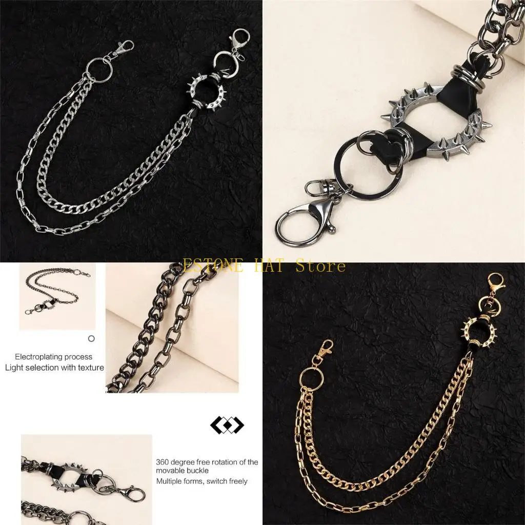 49MF Punk Jeans Pants Chain MultiLayer Chain Rivets Lock Charm Waist Wallet Ornament