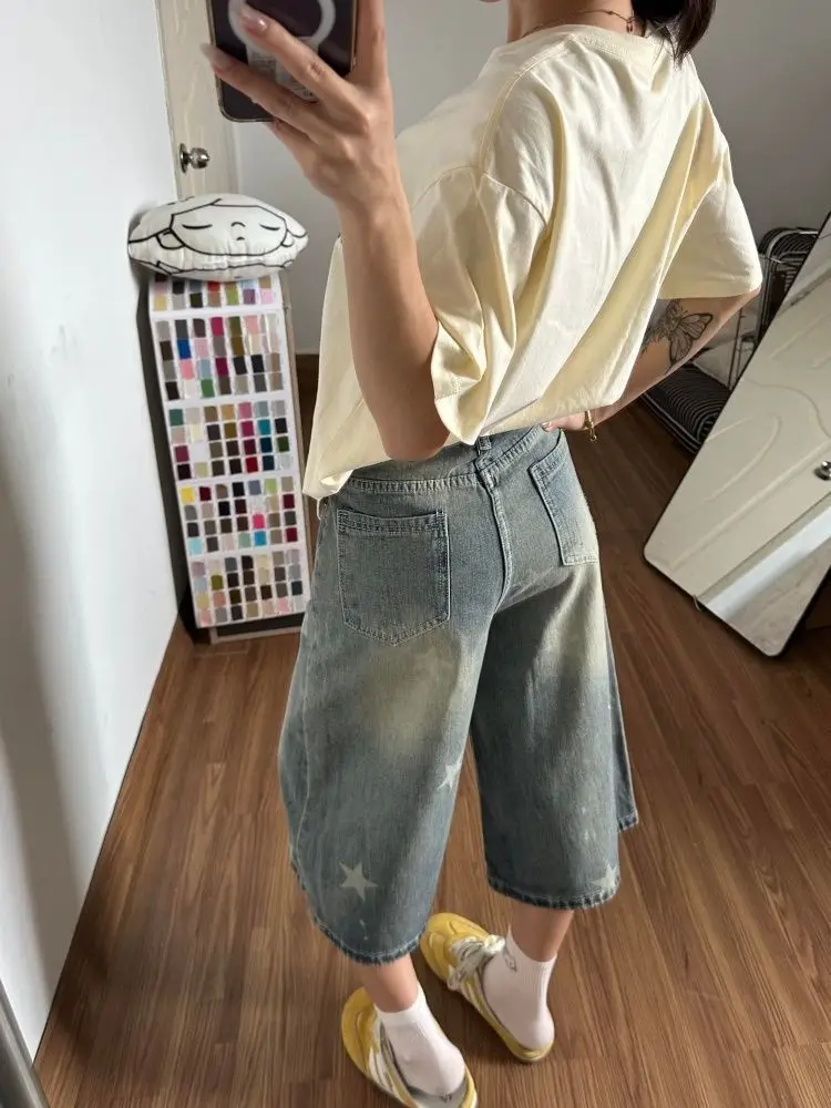 Summer Women's Vintage Star Print Holes Denim Shorts Y2k Cool Girl Wide Leg Hot Pants Female Fashion Knee Length Trousers