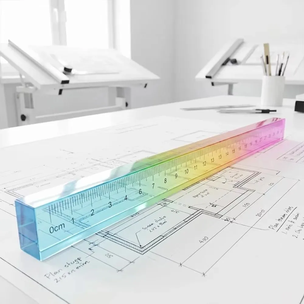 2-in-1 30cm Colored Ruler Acrylic Geometric Student Ruler Cube Drawing Tool Math Learning Stationery Set