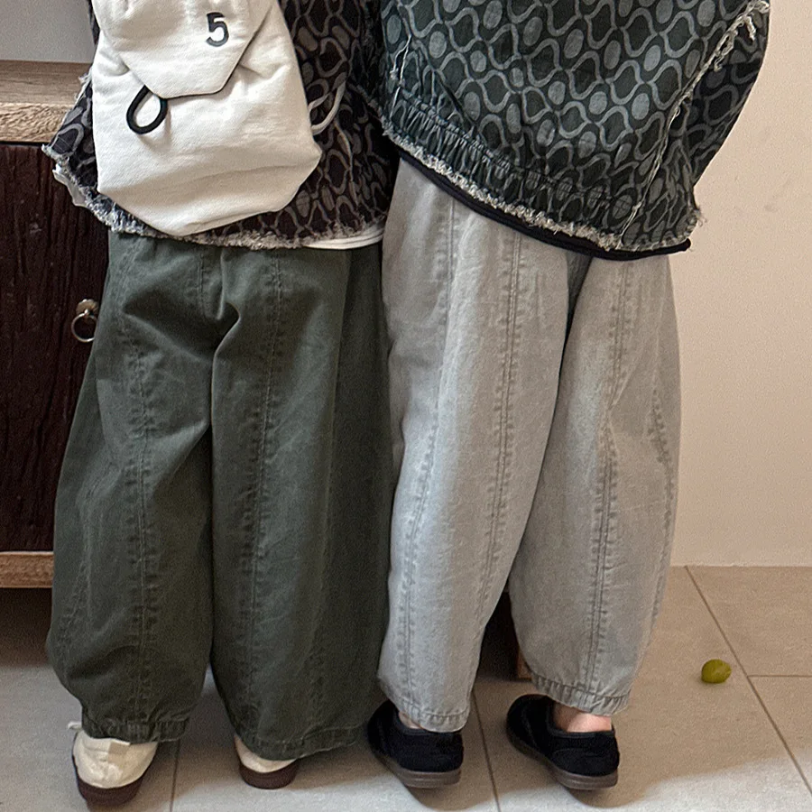 Autumn Kids Carrot Pants 1-7T Vintage Style Solid Boys Splicing Pants Korean Loose Childrens Trousers Girls Baby Wide Leg Pants
