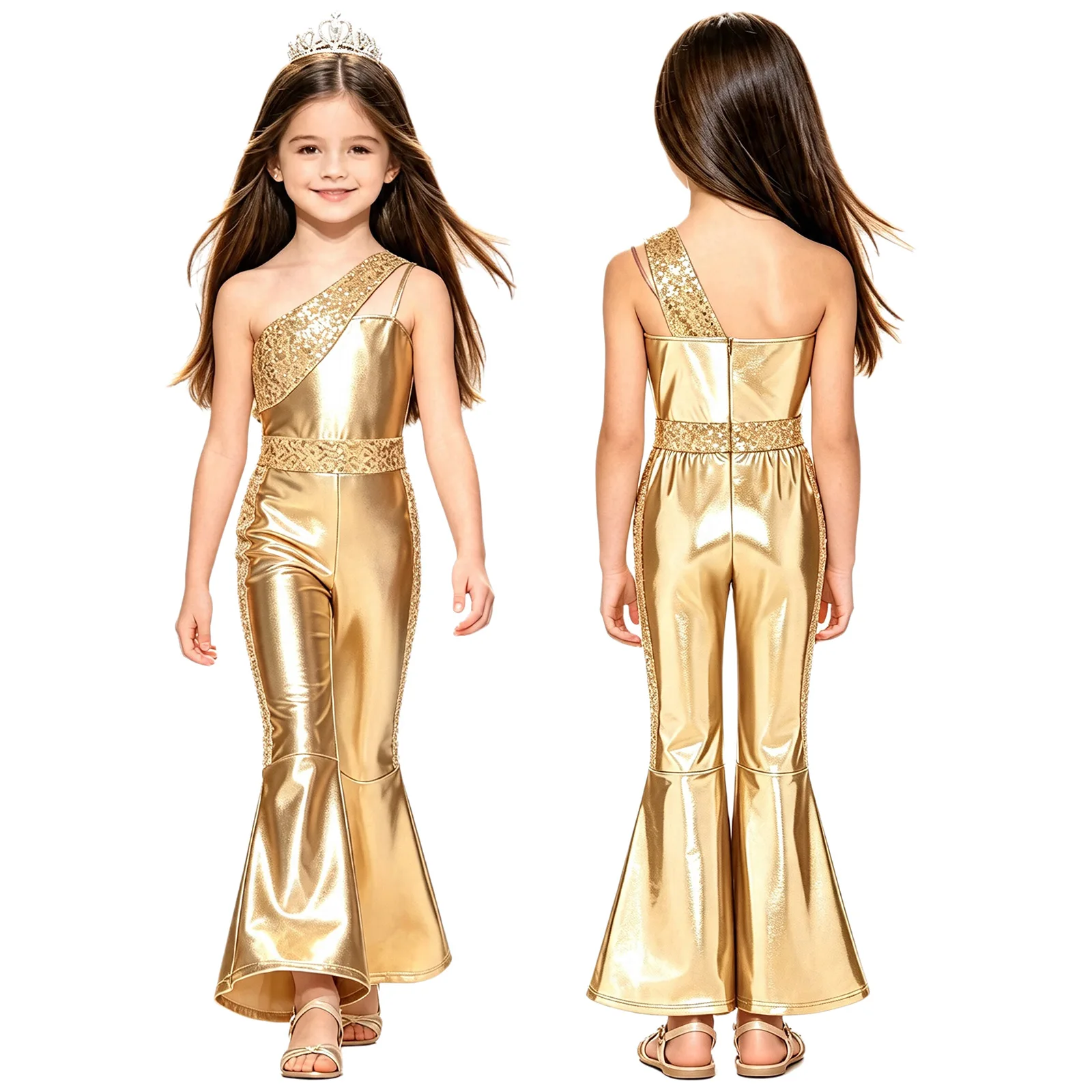 Kids Girls Metallic Shiny 70s Disco Jumpsuit Jazz Dance Costume Wedding Birthday Pageant Prom School Party Halloween Bodysuit - view 5