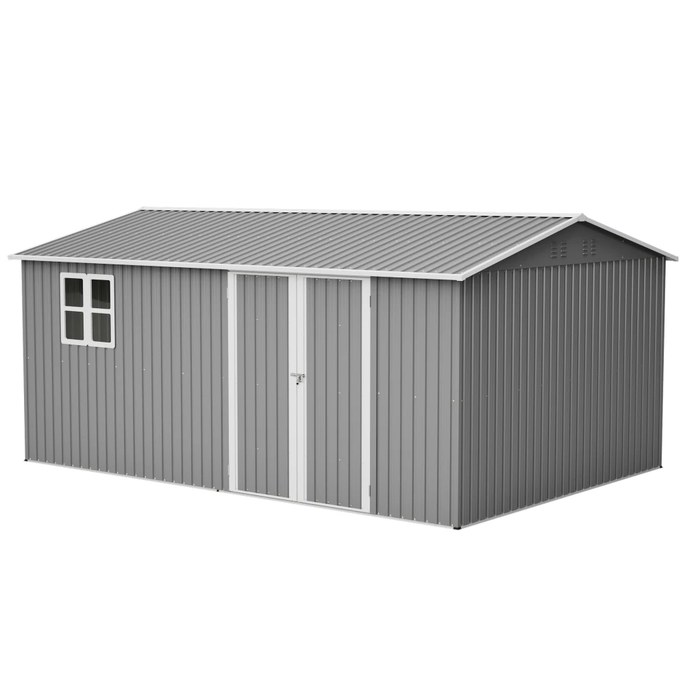 14x10 FT Outdoor Storage Shed, 780 cu.ft Large Metal Tool Shed with Built-in Foundation Frame, Double Doors & Air Vents, Galvanized Steel Sloped Roof – For Backyard, Patio, Poolside, Garden