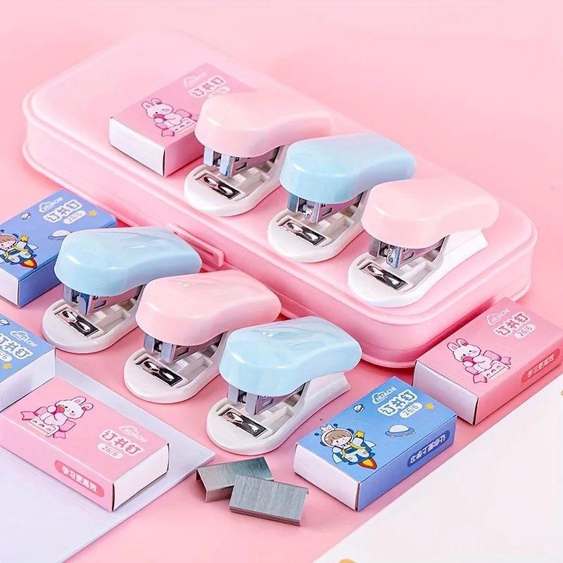 Cartoon mini stapler set, portable small office stapler, stationery supplies, back-to-school season, holiday gift