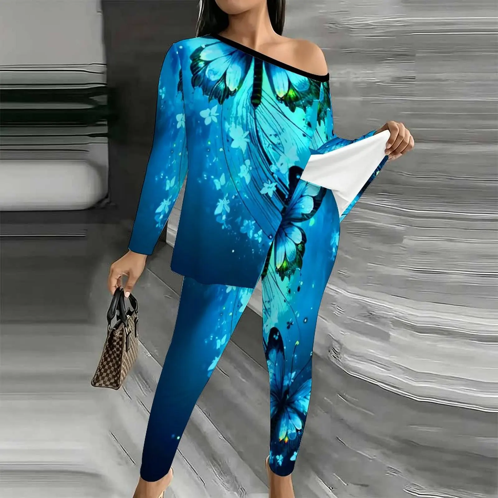 Winter Diagonal Collar Long Sleeved Women's Fashion Printed Jogging Pants Off Shoulder T-shirt Autumn Elegant Two-piece Set