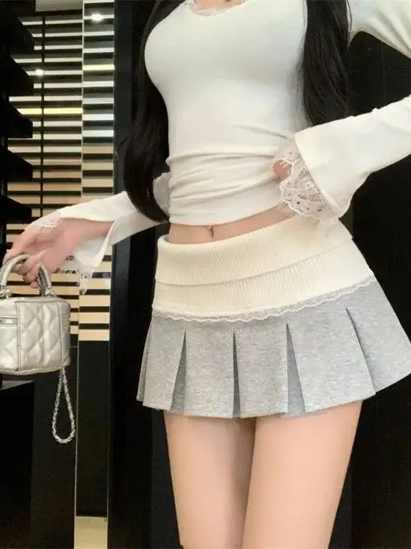 Knitted American Vintage Patchwork Skirt Lace Y2k All-match New High Waist Sweet Spice Girl Jupe Pleated Mini Skirts J9RL