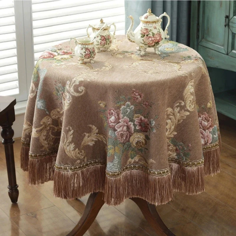 European Luxury Round Tablecloths Rose Jacquard Dining Table Cloth Tassels Retro Chenille Table Cover Wedding Party Events Home