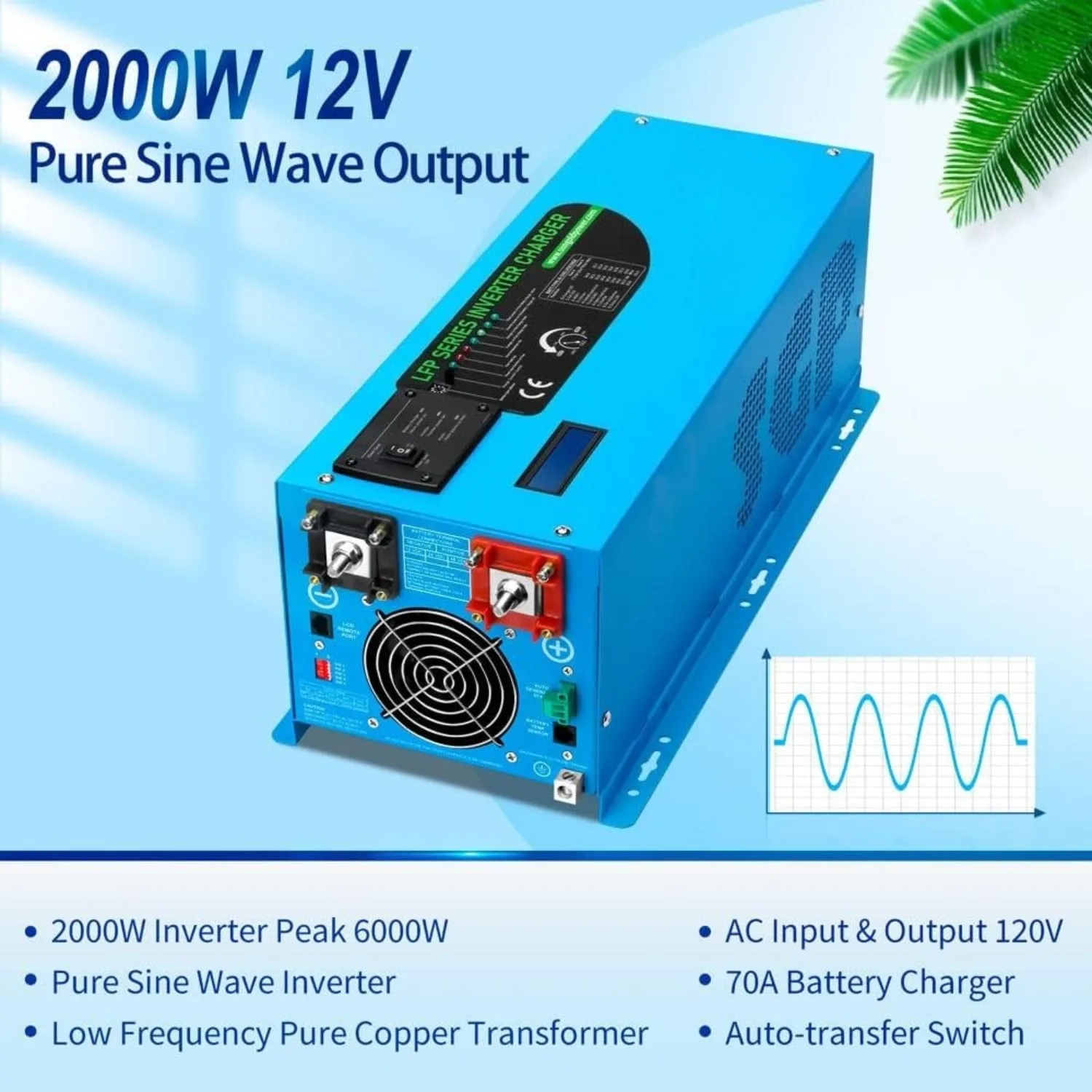 2000W DC 12V Peak 6000W Pure Sine Wave Inverter Charger Upgrade, AC 120V with 70A Battery AC Charger LCD Display Remote Control,