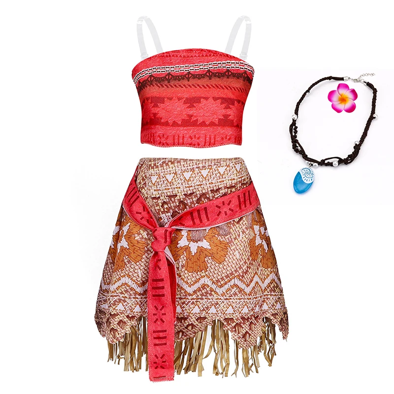 Disney Moana Dresses Girls Kids Clothes Cosplay Vaiana Princess Dress Necklace Wig Children Carnival Party Summer Costume Set