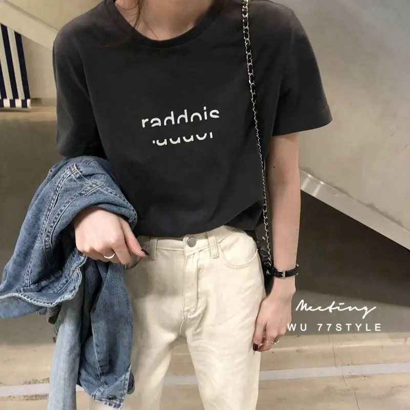 Lazy Style Letter Printing Youth Tops Summer New O-neck Loose Street Casual T Shirts Preppy Style Fashion Trend Women Clothing