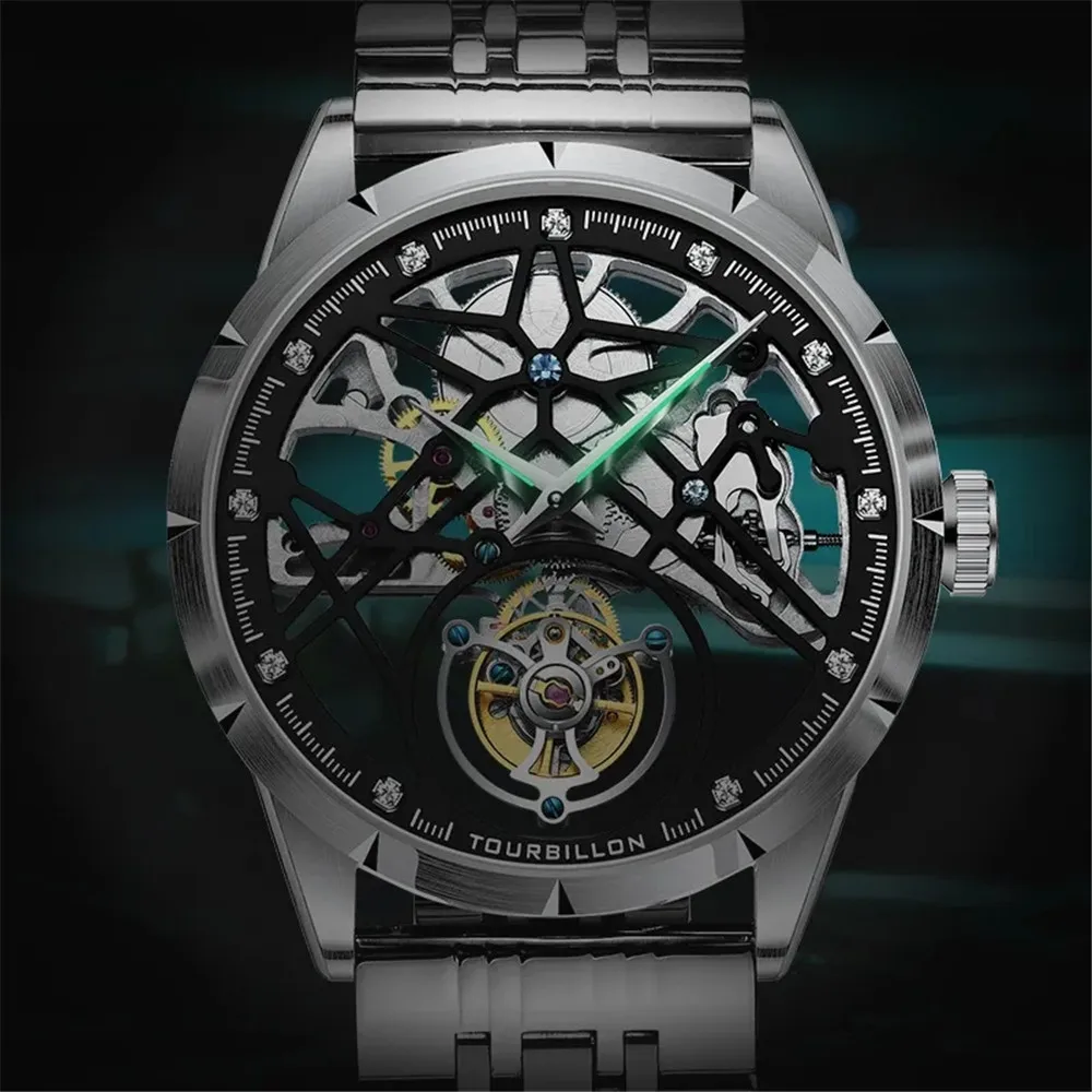 AESOP Skeleton Luminous Real Tourbillon Mechanical Hand Wind Men Watch Luxury Waterproof Sapphire Double Side Hollow Male Clock