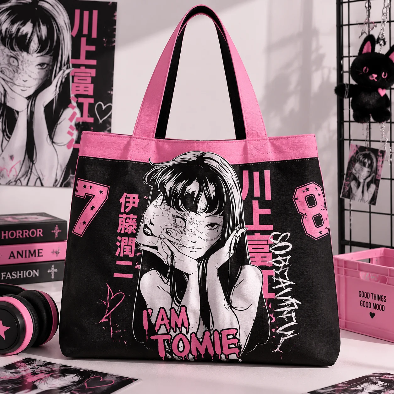 Dark Japanese Manga Canvas Tote Bag, Horror Anime Black Hair Girl Pink Black Contrast Print Large Capacity Handbag Shopping Bag