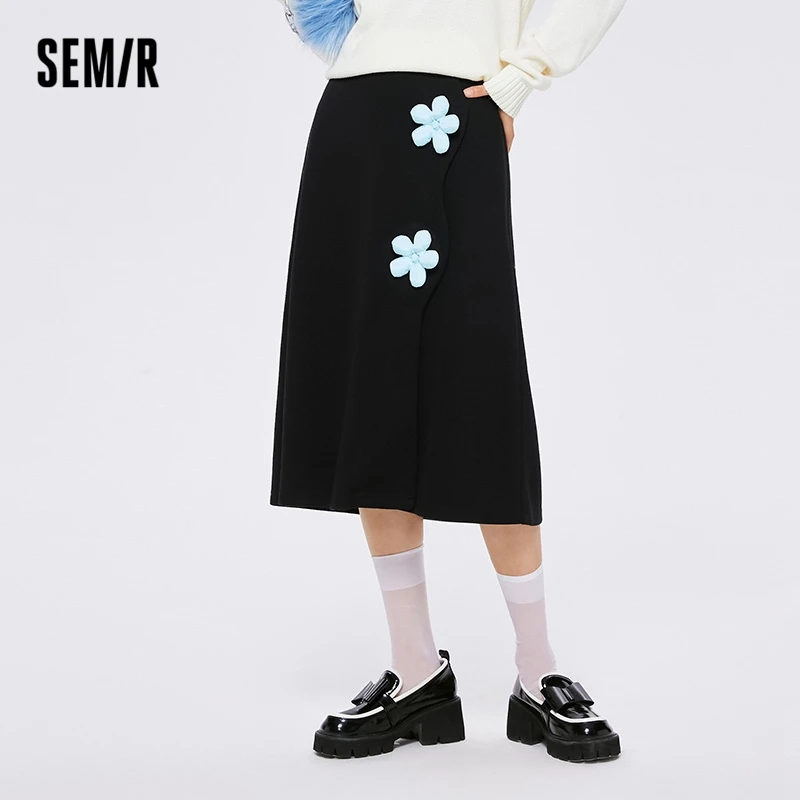 

Semir 2023 Women Skirt Girlish Sweet Flower Mid-length Skirt Female Slit Black Knitted Skirt Skirt for Women