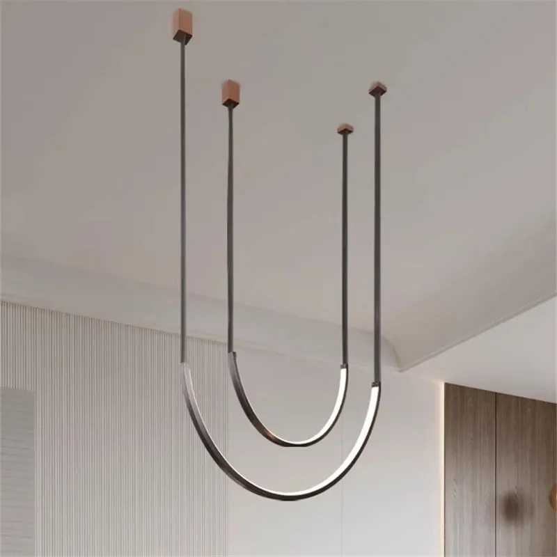 

Nordic U-shaped Line Pendant Light Led Long Leather Lamp Hanging Foyer Living Room Dining Table Villa Staircase Artistic Lamp