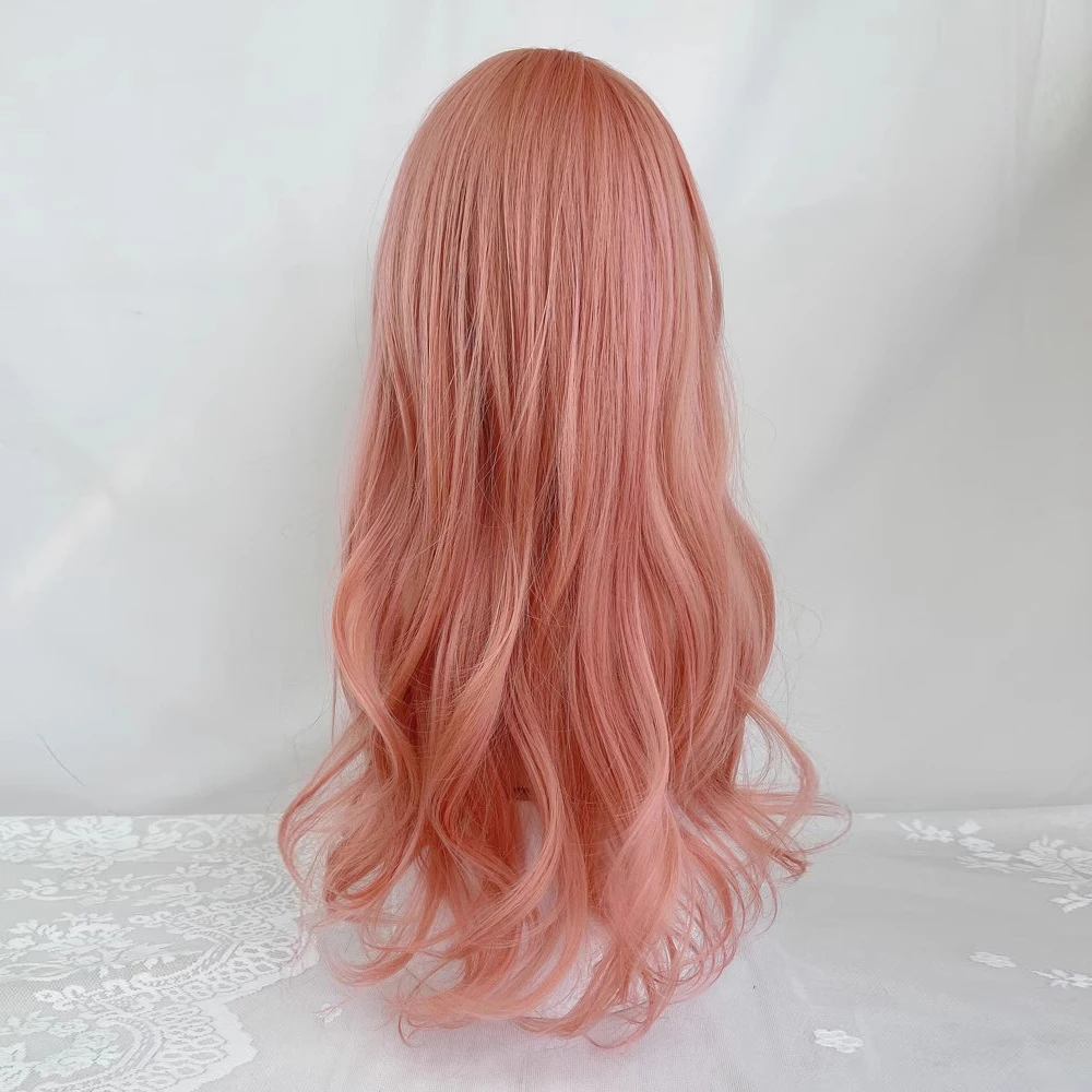 VICWIG Long Pink Wavy Wig with Bangs Synthetic Women Lolita Cosplay Fluffy Natural Hair Wig for Daily Party