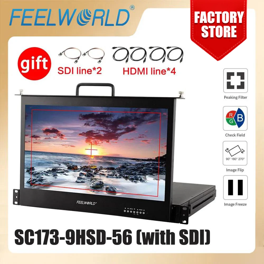 Feelworld 17.3 Inch Broadcast Director Monitor SC173-9HD-56 1RU Pull Out Rack Mount Monitor Full HD1920x1080