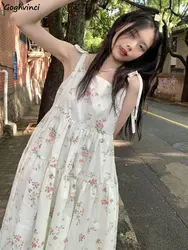 Straps Midi Dresses Women Gentle Loose Floral Sweet Girlish Prairie Chic Summer Backless Casual Aesthetic Teens Vestidos Ulzzang