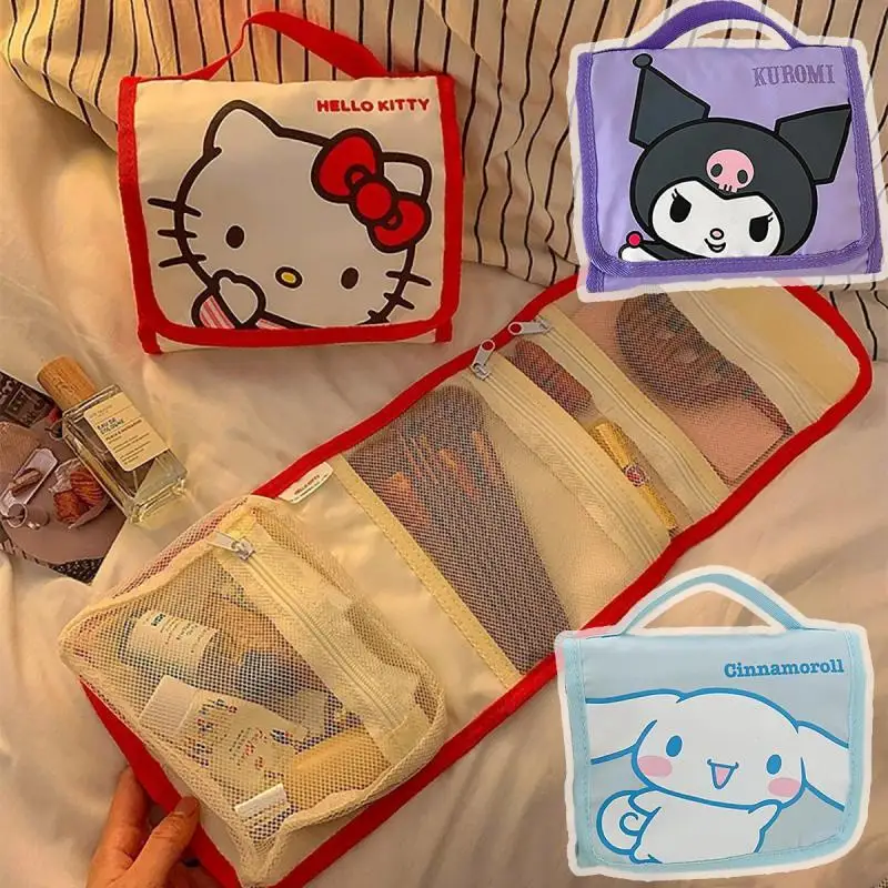 Nouveau sac de maquillage pliant Hello Kitty Kuromi grande capacité trousse à crayons de dessin animé mignon voyage Portable cosmétiques brosse sac de rangement
