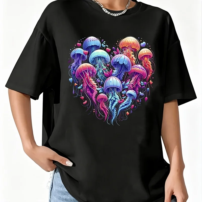 Jellyfish Heart Art Colorful Marine Women's 100% Cotton T-Shirt Short Sleeve Top Casual Round Neck Fun Print Tee S-5Xl