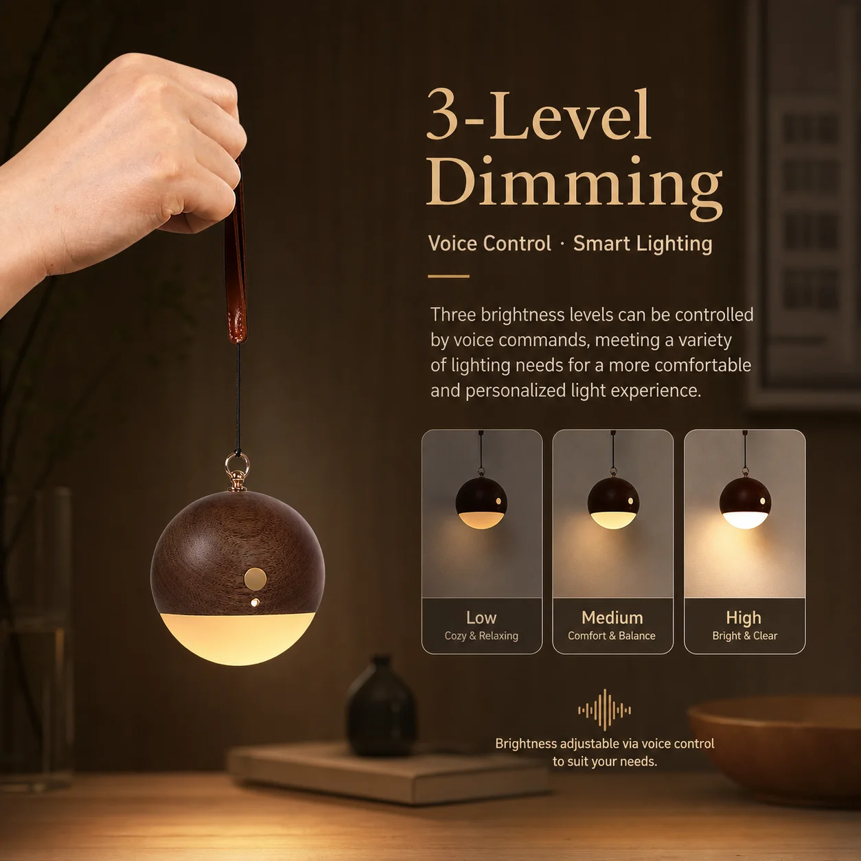WWPPU Wooden Smart Voice Control Lamp Sphere Hanging Night Light USB Rechargeable Wall Mounted Sconce Bedside Lamp