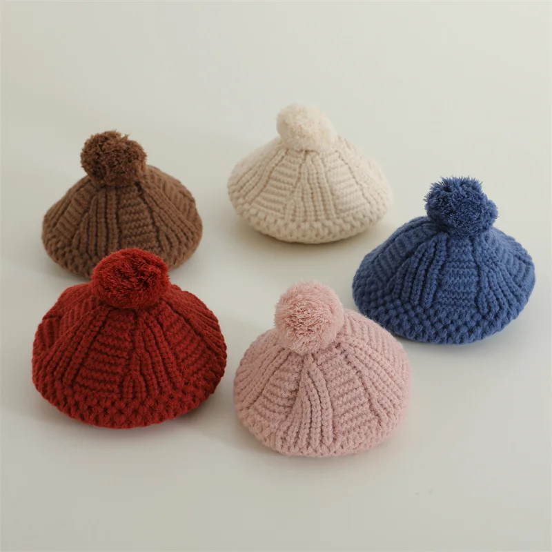 Winter WarmThick Baby Solid Fuax PomPoms Knit Beanies Bonnet Cap Fashion Windproof-Cold Gorros stripe Artist Painter Pumpkin Hat