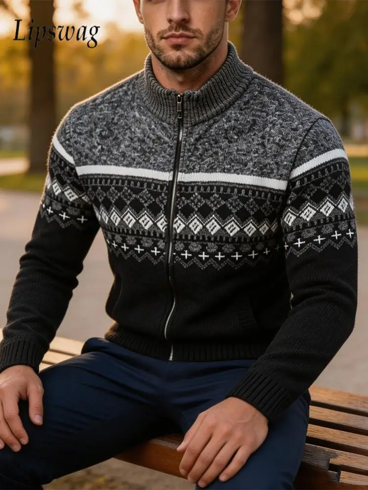 Fashion Stand Collar Coats Mens Winter Jacquard Knit Sweater Jackets Men Vintage Contrast Color Knitted Long Sleeve Outerwear