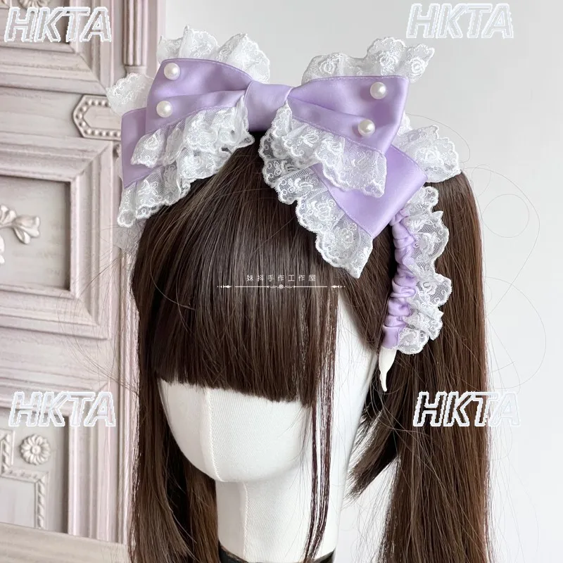 Sweet lace stitching Lolita handmade lace headband bow kc headgear women kawaii pearl gorgeous cosplay hair accessories female