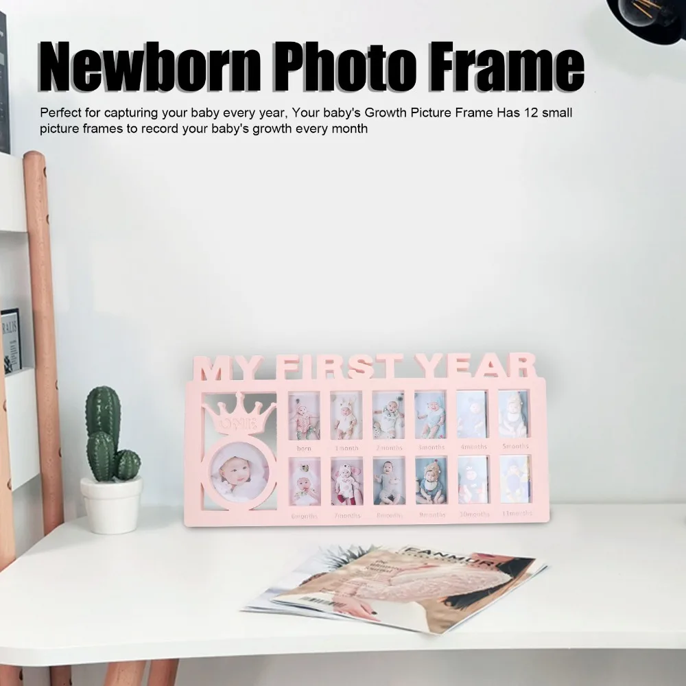 Plastic Baby Growth Frame 12 Small Frames 15.55*7.6 in Newborn Memory Frame 13 Photo Inserts Cartoon Crown Style