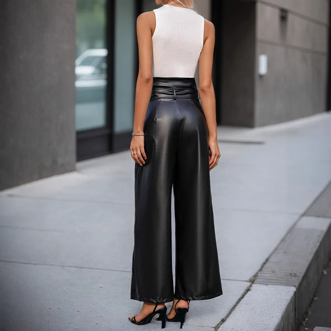 Trend Solid Color Pu Leather Pants Women Zipper Bowknot Leace-up High Waist Wide Leg Trousers Comfortable Casual Commuting Style