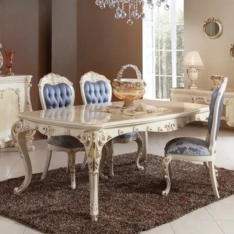 European Neoclassical Solid Wood Carved Dining Table with Fabric Chairs White Large Family French Style Furniture for Dining
