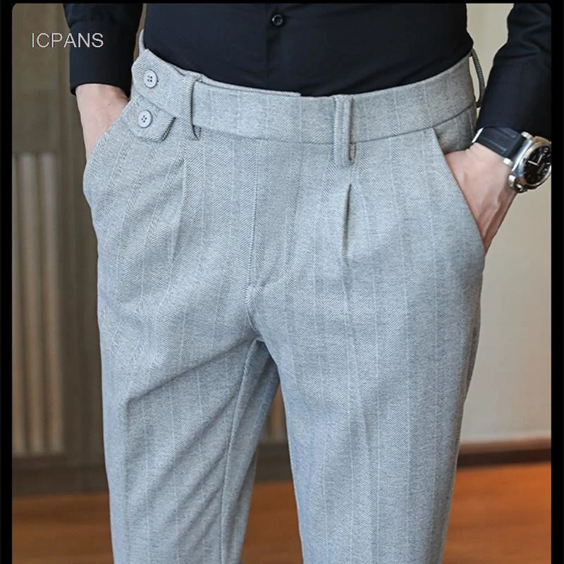 Thick Straight Slim Fit Suit Pants Men Pleated Korea Clothing Stretch Black Chino Dress Trousers Winter Autumn