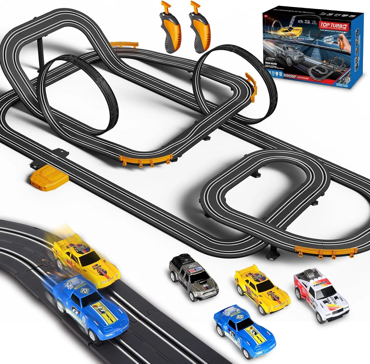 Slot Car Race Track with 4 High-Speed Racing Cars, Dual Racing Game 2 Controllers