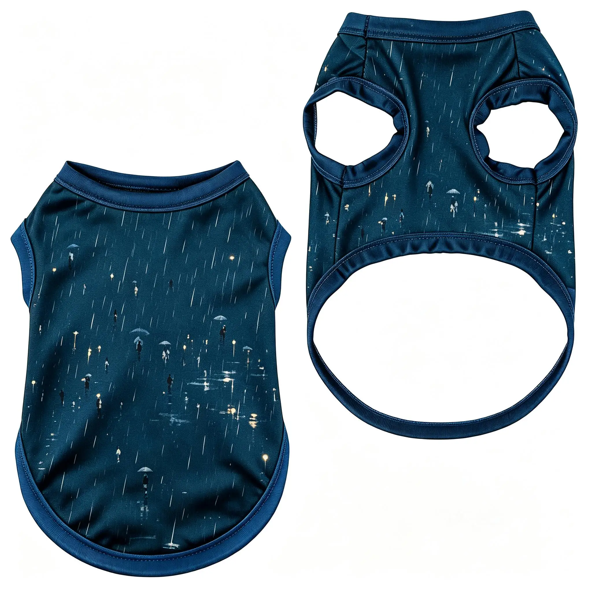 Pet Dog Vest Navy Rainy Night Umbrella Print Sleeveless Shirt for Small Medium Dogs Artistic City Theme Daily Wear
