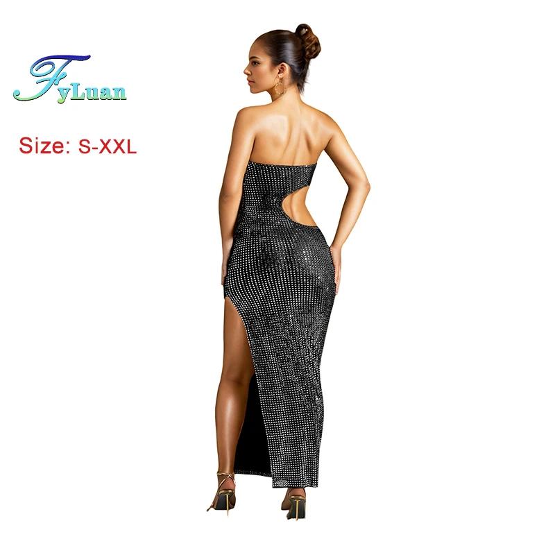 Summer Cut Out Waist Strapless Sexy Side Split Crystal Rhinestones Long Maxi Dress Sexy Side Split Crystal Women's Long Dress