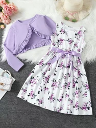 Two-piece little girl print plus small shawl dress with bow ribbon elegant princess dress for the party holiday wear easy to tak