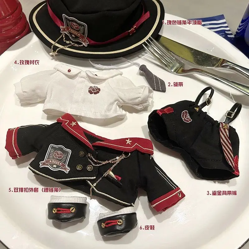 수제 6pc 20cm 나이트 로즈 인형 옷 빨간색과 검은 색 유니폼 미국 정장 탑 모자 셔츠 코트 신발 인형 선물 인형 없음