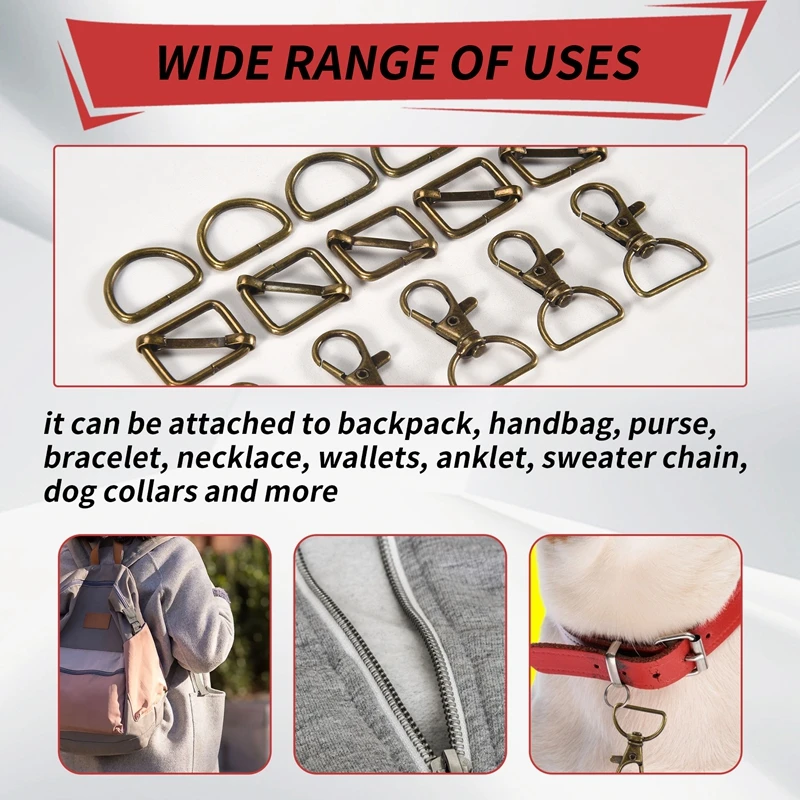 FULL-56Pcs 키체인 후크 및 D 링 세트, 지갑 하드웨어, 가방 제작용 랜야드 스냅 후크, 슬라이드 버클이 있는 회전 걸쇠