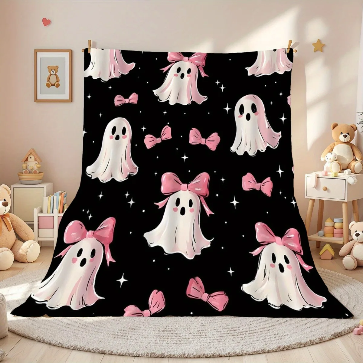 Local Direct Supply 1pc Halloween Pink Bow Flannel Throw Blanket - Soft, Warm, and Comfortable with a Black Background Featuring White and Pink Ghosts, Bows, and Stars Pattern, Machine Washable, Suitable for All Seasons, Ideal for Beds