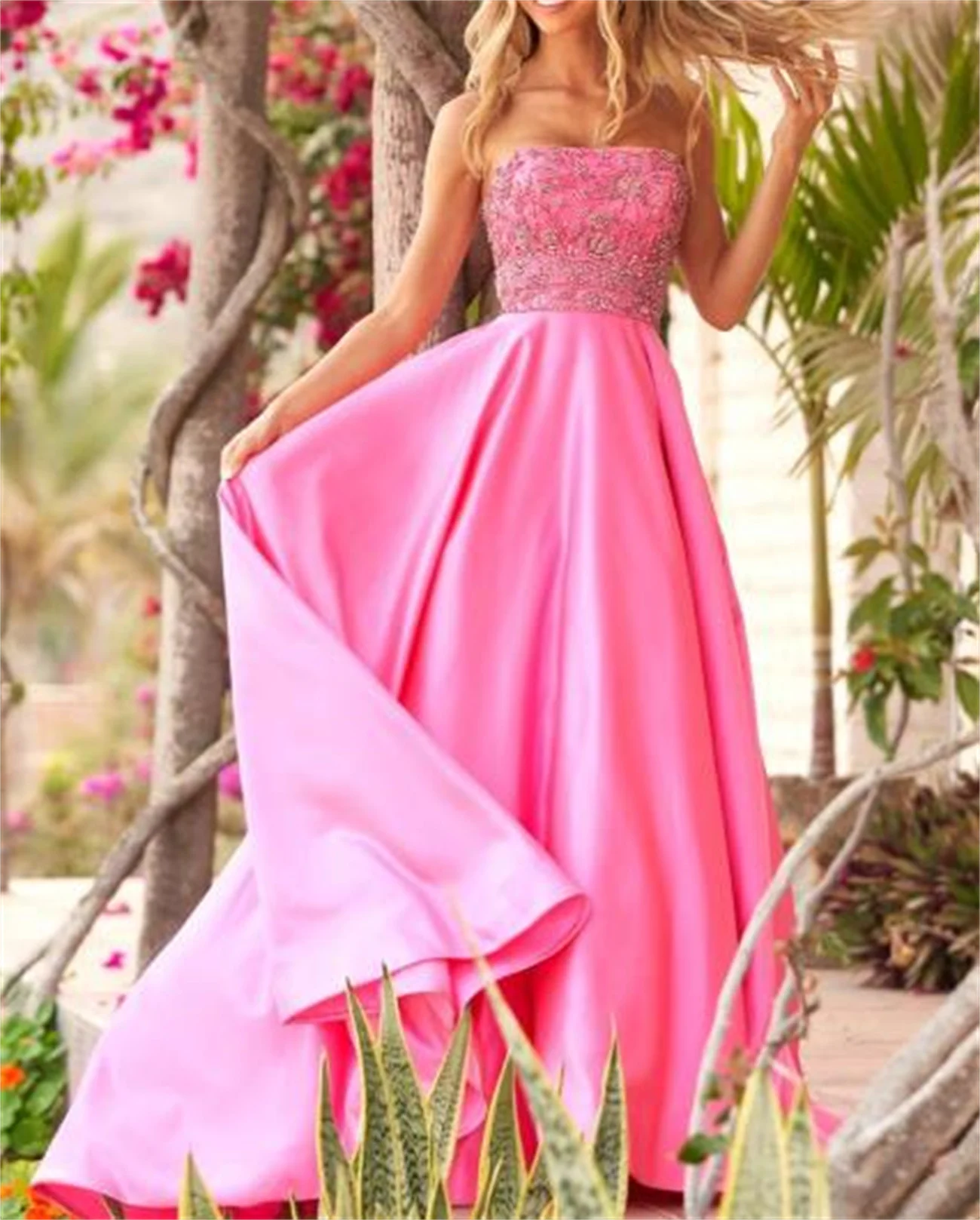 Summer Pink Prom Dress Ball Dress Beaded Lace Puffy Diamond-Attached Waistband To Floor Length Elegant Party Dress Newest